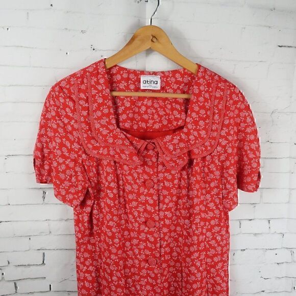 VINTAGE ATINA BY KAREN CROSBY RED FLORAL SHORT SLEEVE BUTTON DOWN MAXI DRESS - Picture 3 of 9